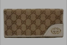 Load image into Gallery viewer, GUCCI BROWN CANVAS WHITE LEATHER TRIM MONOGRAMED GG LOGO WALLET
