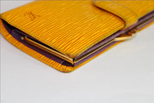 Load image into Gallery viewer, LOUIS VUITTON EPI VIENNOIS CONTINENTAL BIFOLD KISSLOCK WALLET IN TASSIL YELLOW WITH PURPLE INTERIOR
