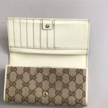 Load image into Gallery viewer, GUCCI BROWN CANVAS WHITE LEATHER TRIM MONOGRAMED GG LOGO WALLET
